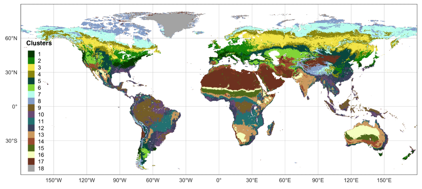 Figure 1. Global map showing regions of similar patterns in the magnitude and seasonal phasing of gross primary production (GPP) and vapour pressure deficit (VPD) based on x-means 